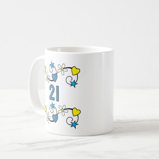 Mug 21e anniversaire jalon âge initiales bleu jaune (Devant gauche)