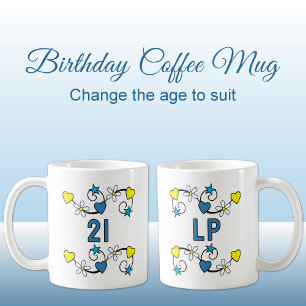 Mug 21e anniversaire jalon âge initiales bleu jaune
