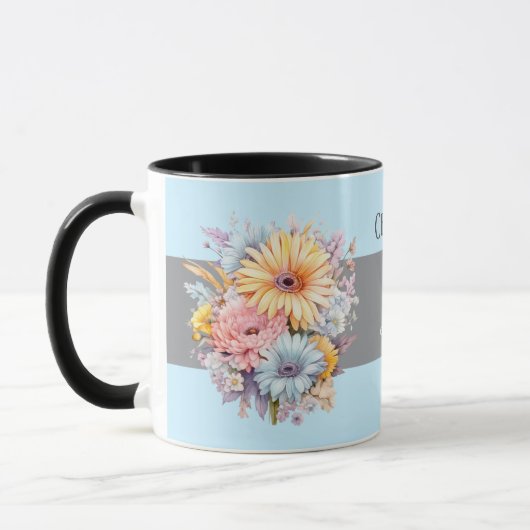 Mug 25e anniversaire argent fleurs noms bleu (Gauche)