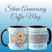 Mug 25e anniversaire argent fleurs noms bleu