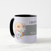 Mug 25e anniversaire argent fleurs noms pourpre (Devant gauche)