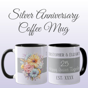 Mug 25e anniversaire argent fleurs noms pourpre