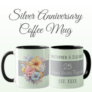 Mug 25e anniversaire argent fleurs noms vert