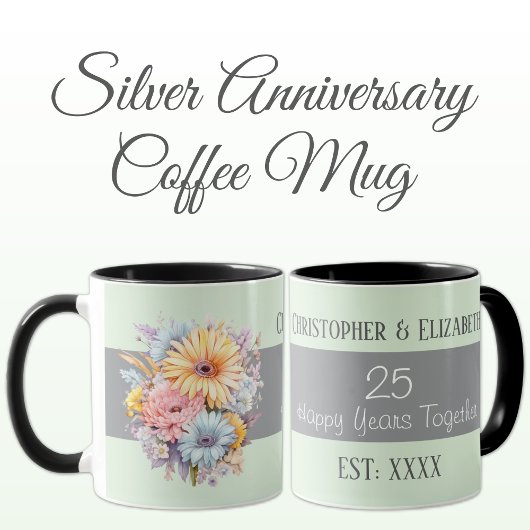 Mug 25e anniversaire argent fleurs noms vert