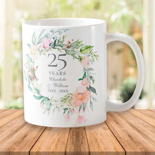 Mug 25e anniversaire Mariage d'argent Rose verdure
