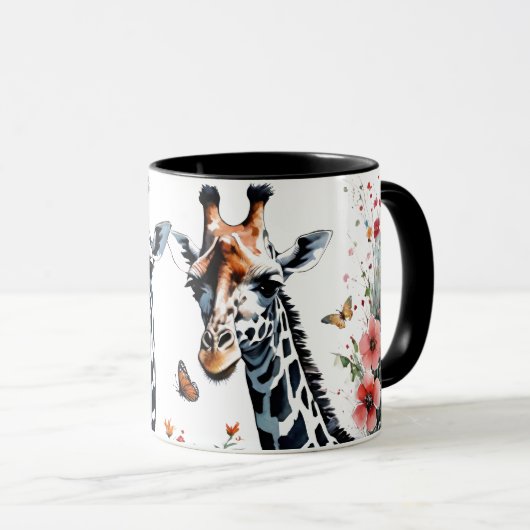 Mug 2 Giraffes adorables Floral aux papillons (Devant droit)