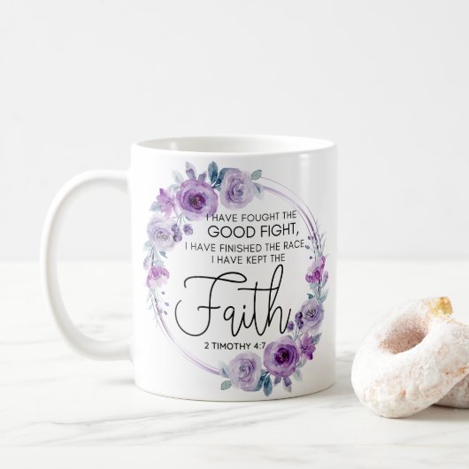 Mug 2 Timothée 4:7 J'ai gardé la foi Florale pourpre (Avec donut)