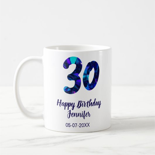 Mug 30e anniversaire ajouter nom date année bleu scint (Gauche)