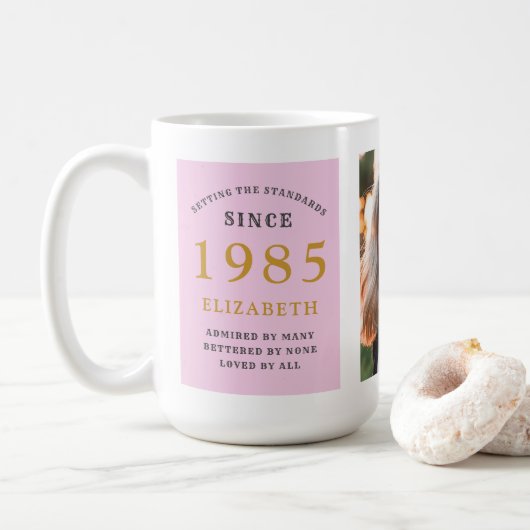 Mug 40th Birthday 1985 Pink Grey Ajouter un nom Photo  (Avec donut)