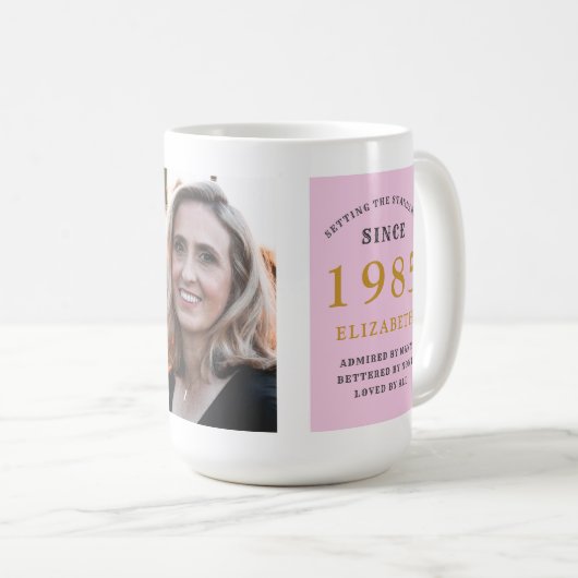 Mug 40th Birthday 1985 Pink Grey Ajouter un nom Photo (Devant droit)