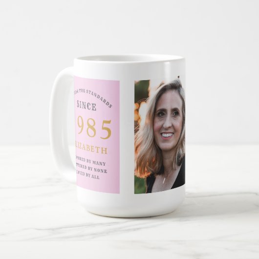 Mug 40th Birthday 1985 Pink Grey Ajouter un nom Photo  (Devant gauche)