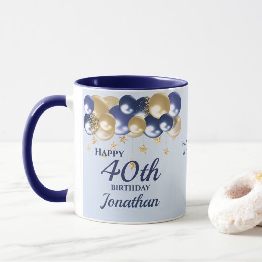 Mug 40th Birthday Navy Gold Balloons  (Avec donut)