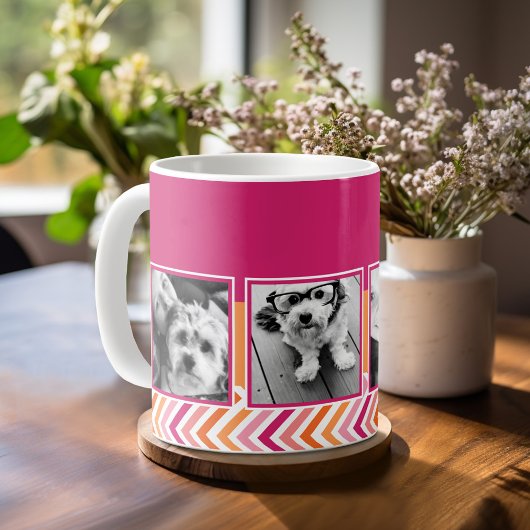 Mug 4 Photo Collage Rose Chaud Orange Chevrons