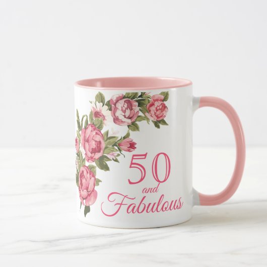 Mug 50 et fabuleux rose floral | Cadeau 50e anniversai (Droite)