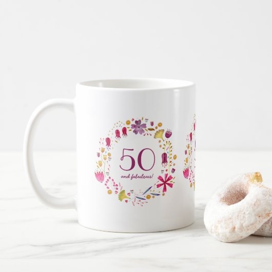 Mug 50 et Fabulous Aquarelle Floral Anniversaire (Avec donut)