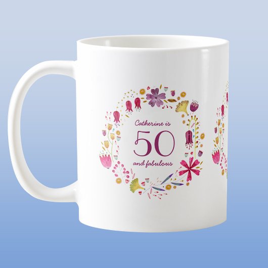 Mug 50 et Fabulous Aquarelle Nom floral Anniversaire