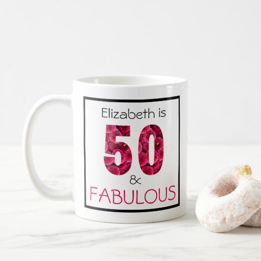 Mug 50e anniversaire Chrysanthème rose Texte personnal (Avec donut)