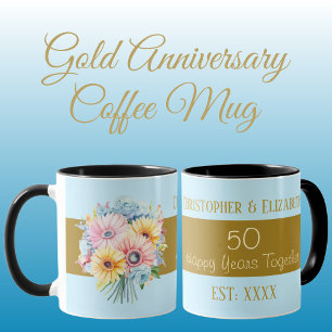 Mug 50e anniversaire or fleurs noms bleu