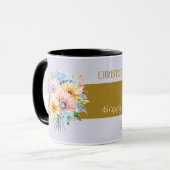 Mug 50e anniversaire or fleurs noms pourpre (Devant gauche)