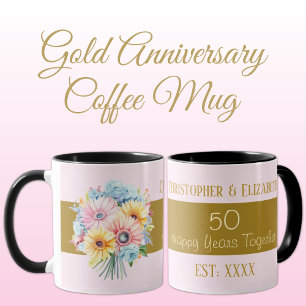 Mug 50e anniversaire or fleurs noms rose