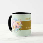 Mug 50e anniversaire or fleurs noms vert (Devant gauche)