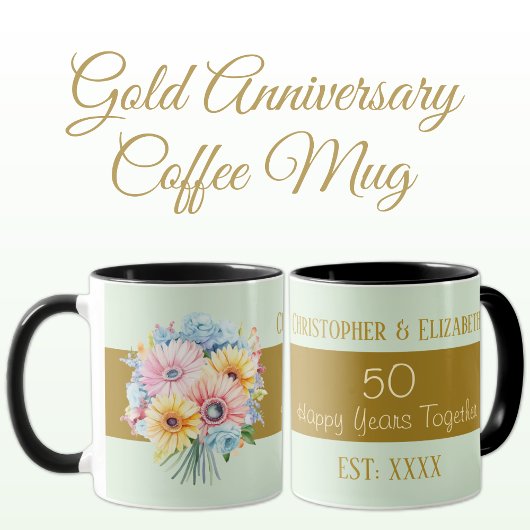 Mug 50e anniversaire or fleurs noms vert