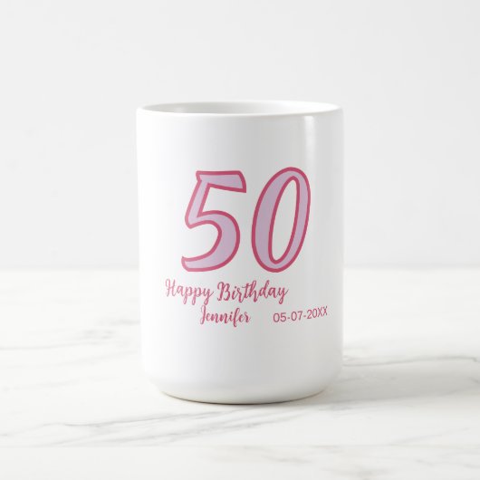 Mug 50e anniversaire rose violet gras nom simple minim (Centre)
