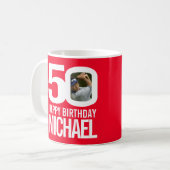 Mug 50e anniversaire rouge blanc personnalisé nom phot (Devant gauche)