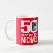 Mug 50e anniversaire rouge blanc personnalisé nom phot (Gauche)