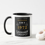 Mug 50th Birthday 1972 Ajouter le nom Retro Black Gold<br><div class="desc">Pour ceux qui fêtent leur anniversaire, nous avons la tasse de café d'anniversaire idéale. L'arrière - plan noir avec un design de typographie vintage blanc et or est simple et élégant avec une touche rétro. Customisez facilement le texte de ce cadeau d'anniversaire en utilisant le modèle fourni. Plus de cadeaux...</div>
