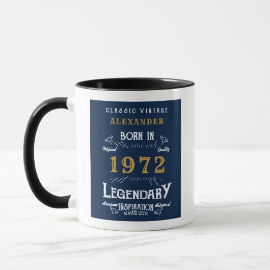 Mug 50th Birthday 1972 Ajouter Nom Retro Blue Gold (Gauche)