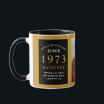 Mug 50th Birthday 1973 Black Gold Ajouter Nom Photo<br><div class="desc">Une énorme tasse photo en noir et or pour ces gens spéciaux. Customisez facilement le texte et la photo en utilisant le modèle fourni. Une partie de la gamme de normes d'établissement.</div>