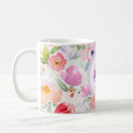 Mug 60e anniversaire chic boho aquarellée fleurs roses (Gauche)