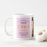 Mug 60th Birthday 1963 Pink Grey Ajouter un nom Photo<br><div class="desc">Une tasse photo rose et gris pour ces personnes spéciales. Customisez facilement le texte et la photo en utilisant le modèle fourni. Une partie de la gamme de normes d'établissement.</div>