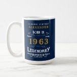 Mug 60th Birthday Born 1963 Ajouter Nom Blue Gold Lege<br><div class="desc">Pour ceux qui fêtent leur anniversaire, nous avons la tasse d'anniversaire idéale. L'arrière - plan bleue au design blanc et doré est simple, mais élégante et rétro. Customisez facilement le texte à l'aide du modèle fourni. Plus de cadeaux et de fournitures de fête disponibles avec le design "légendaire" dans le...</div>