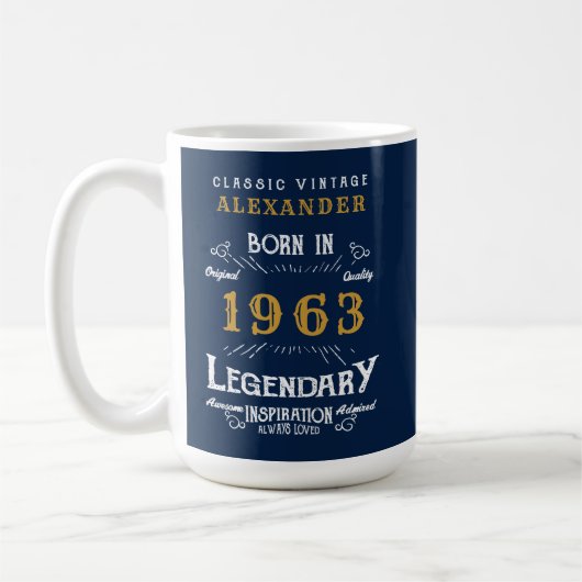 Mug 60th Birthday Born 1963 Ajouter Nom Blue Gold Lege (Gauche)