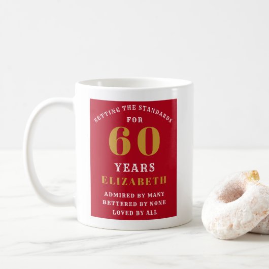 Mug 60th Birthday Red And Gold Ajouter Votre Nom (Avec donut)