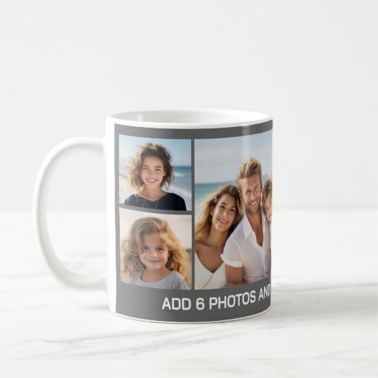 Mug 6 Collage de photos - Fond gris avec texte blanc (Gauche)