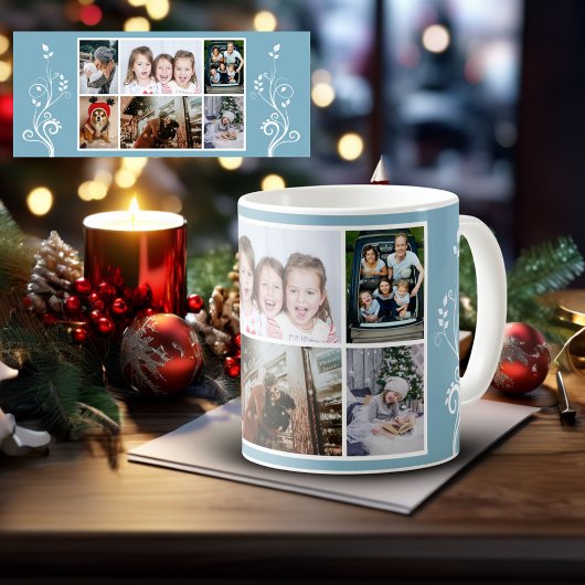 Mug 6 Photo Collage Foliage Blue Christmas Family