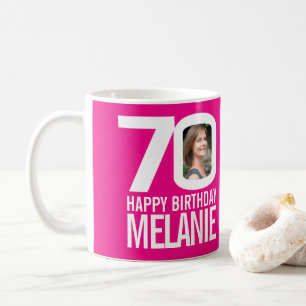 Mug 70e anniversaire rose blanc nom photo personnalisé