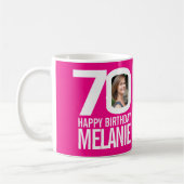 Mug 70e anniversaire rose blanc nom photo personnalisé (Gauche)