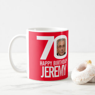 Mug 70e anniversaire rouge blanc nom photo personnalis