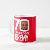 Mug 70e anniversaire rouge blanc nom photo personnalis (Devant gauche)