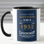 Mug 70th Birthday 1952 Ajouter Nom Vintage Blue Gold<br><div class="desc">Un design de tasse classique personnalisé pour cette fête d'anniversaire. Ajoutez le nom à ce design vintage de style rétro bleu, blanc et or pour un cadeau d'anniversaire personnalisé. Modifiez facilement le nom et l'année avec le modèle fourni. Un merveilleux cadeau d'anniversaire personnalisé. Plus de cadeaux et de fournitures de...</div>
