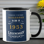 Mug 70th Birthday 1953 Ajouter Nom Vintage Blue Gold<br><div class="desc">Un design de tasse classique personnalisé pour cette fête d'anniversaire. Ajoutez le nom à ce design vintage de style rétro bleu, blanc et or pour un cadeau d'anniversaire personnalisé. Modifiez facilement le nom et l'année avec le modèle fourni. Un merveilleux cadeau d'anniversaire personnalisé. Plus de cadeaux et de fournitures de...</div>