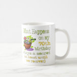 Mug 70th Birthday Party Dons. Que se passe-t-il sur mo<br><div class="desc">70th Birthday Party Dons. Ce qui se passe à mon 70e anniversaire reste secret, au moins jusqu'à ce que nous nous en remettions ! Humour d'anniversaire amusant. Tags : "Bonne fête du 70e anniversaire", "plaisanteries amusantes du 70e anniversaire", "Soirée du 70e anniversaire de la margarita", "bleu vert violet clair", "mignon...</div>