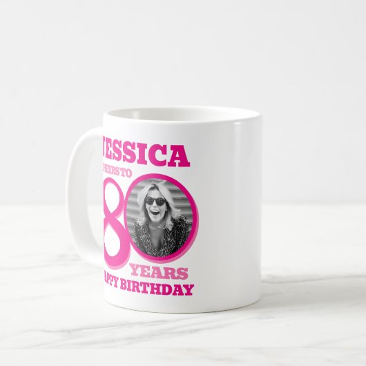 Mug 80e anniversaire double face photo nom rose (Devant gauche)