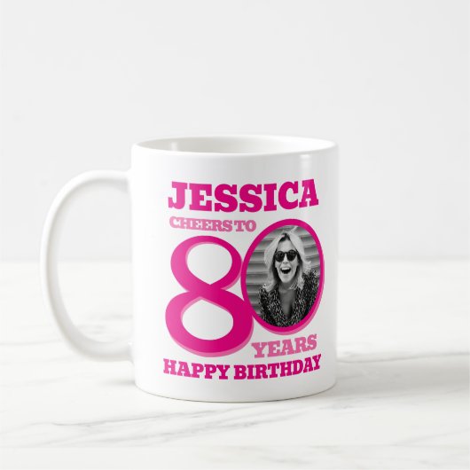 Mug 80e anniversaire double face photo nom rose (Gauche)