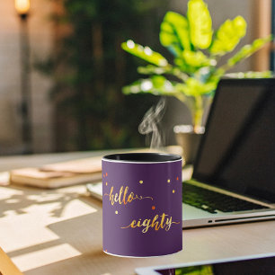 Mug 80e anniversaire or violet bonjour 80 typographie