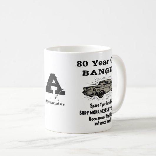 Mug 80e anniversaire Rétro drôle Monogramme de voiture (Devant droit)